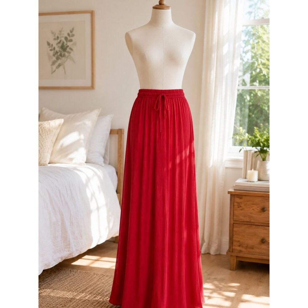 Relaxed Red Pleated Drawstring Maxi Skirt